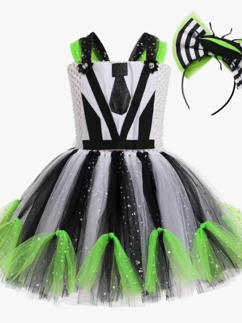Beetlejuice Inspired Sparkle Neon Green & Black Tutu Halloween Costume Dress